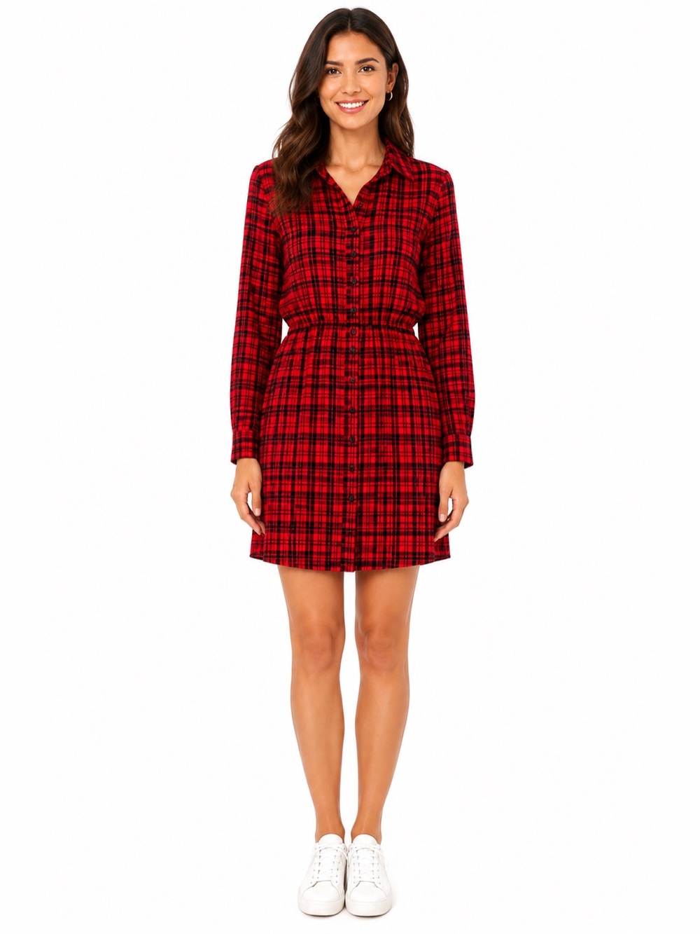 Express Red Black Plaid Shirt Dress Women’s Large Button Front Long Sleeve Dress